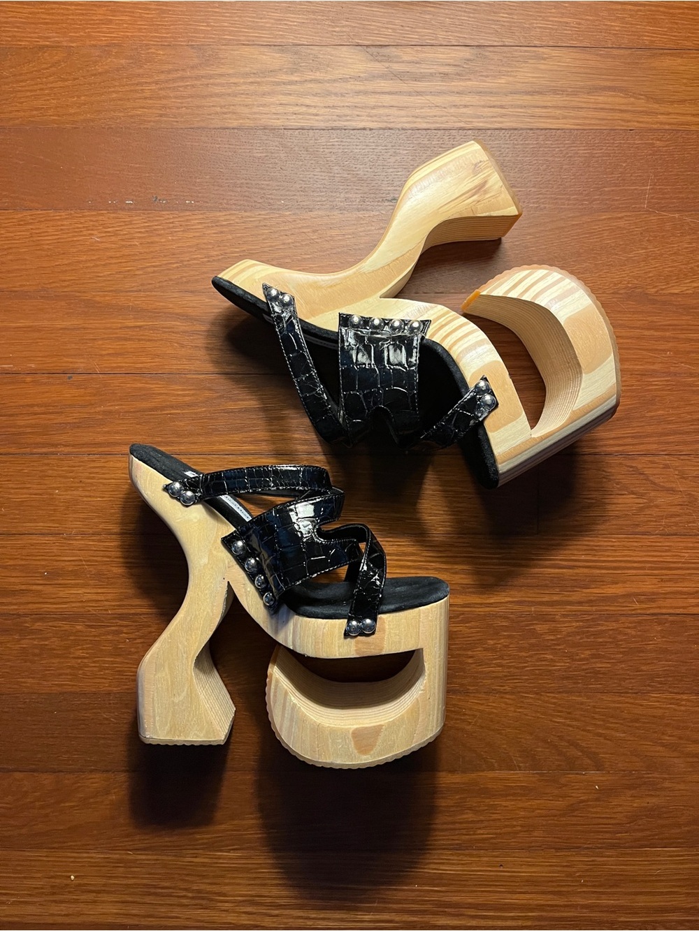 Black Faux-Croc Platform Sandals with Sculpted Wooden Heel